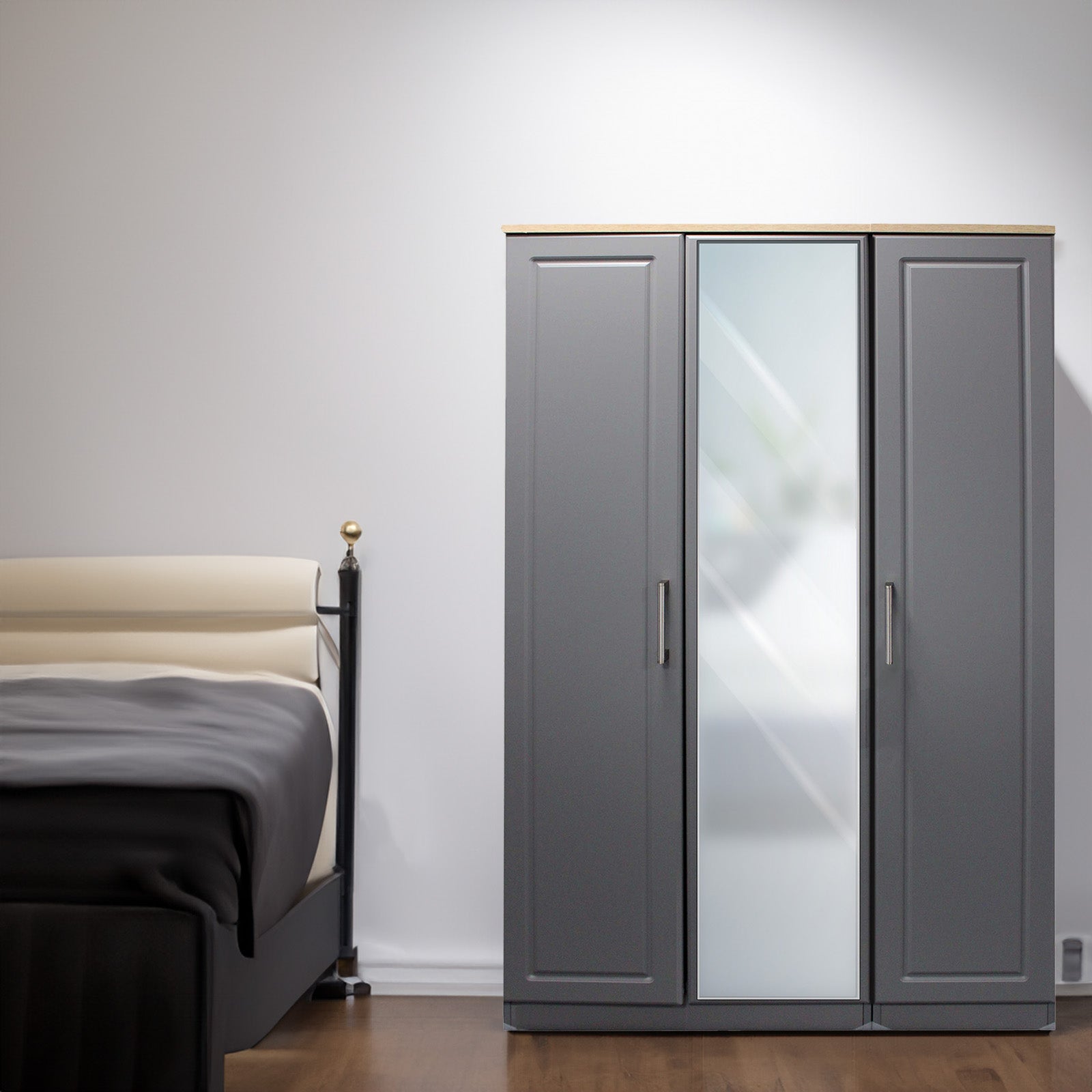 3 Door Robe Stacker 3 Door Mirrored Robe - Dusk Grey & Oak – Denny Furniture