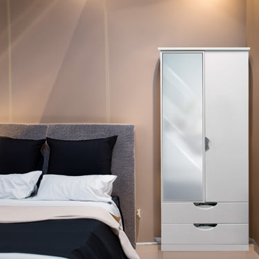 2 Door 2 Drawer Mirrored Robe - White Gloss